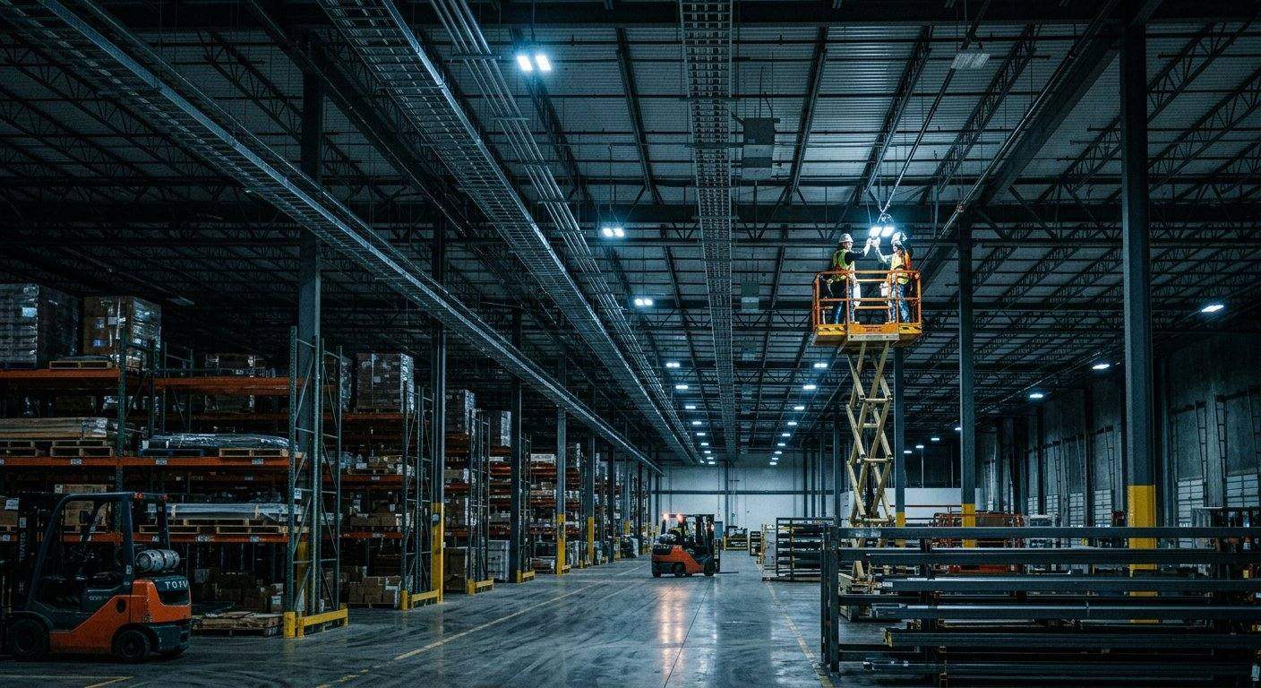 Electricians installing LED high-bay lighting in a warehouse
